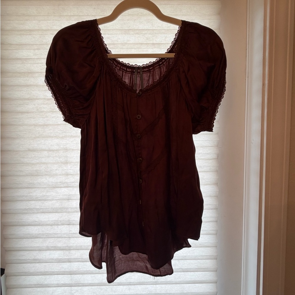 Anthropologie Lace-Trim Button Front Blouse - Deep Brown